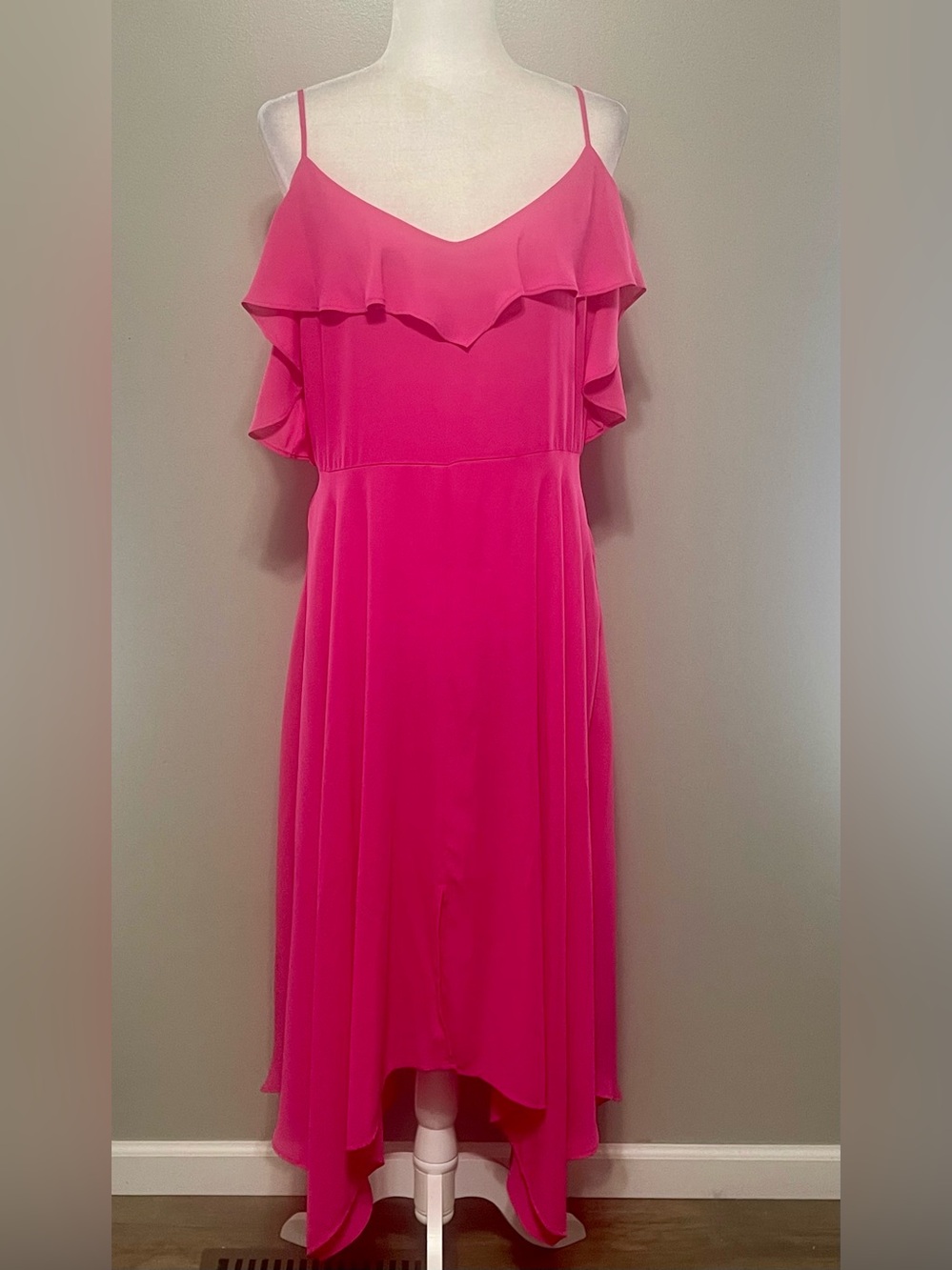 New Women Large Pink Midi Dress Handkerchief asymmetrical Hem Flowy Boho Party
